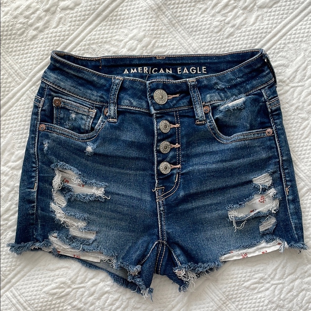 American Eagle Hi-Rise Shortie Shorts Floral Distressed Button Fly Dark Wash 0